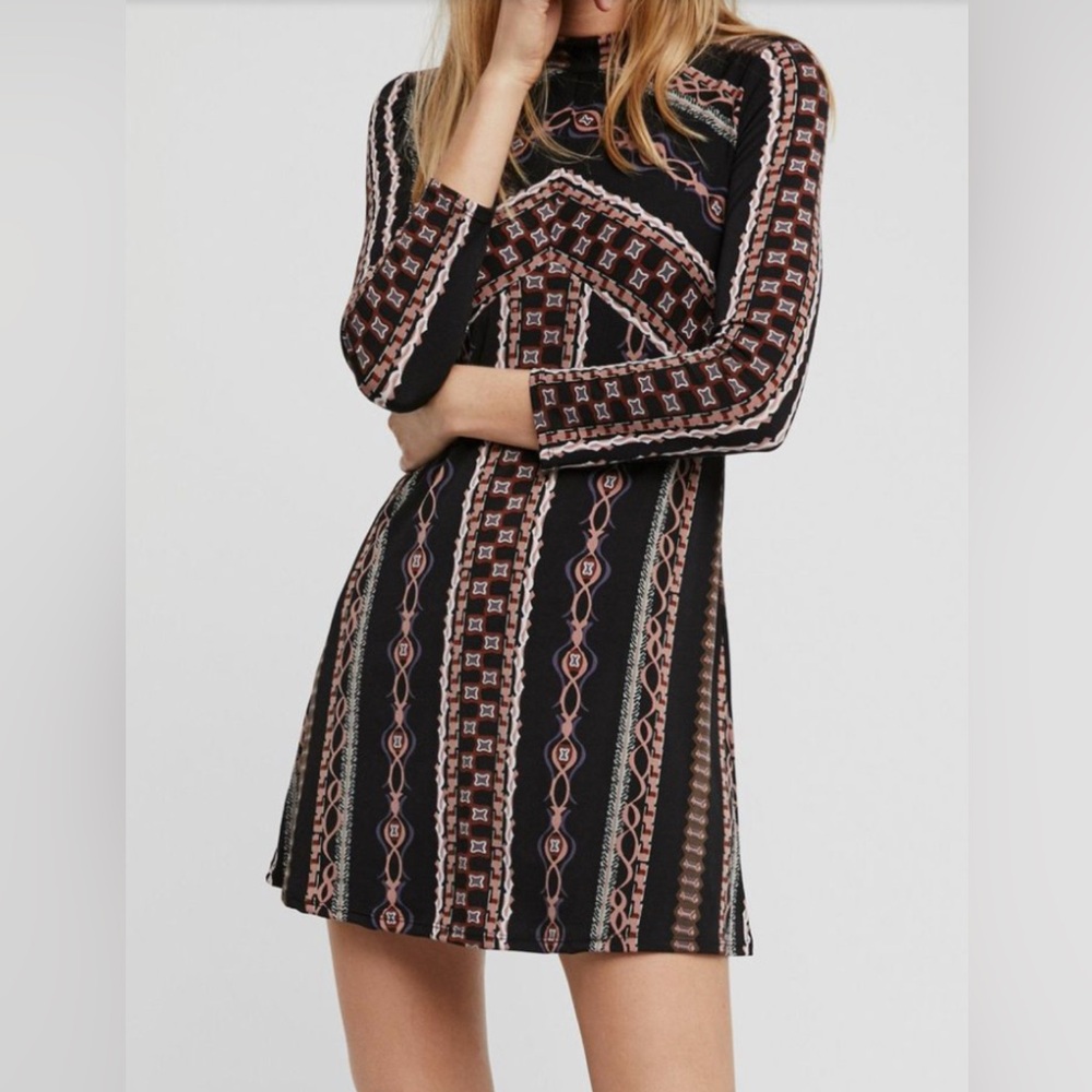 Free People Stella Graphic Print Long Sleeve Mock Neck Zip-Up Mini Dress EUC XS